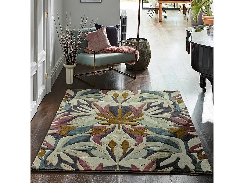 tapis chambre 170x240 fait à la main en laine vert et beige motif floral