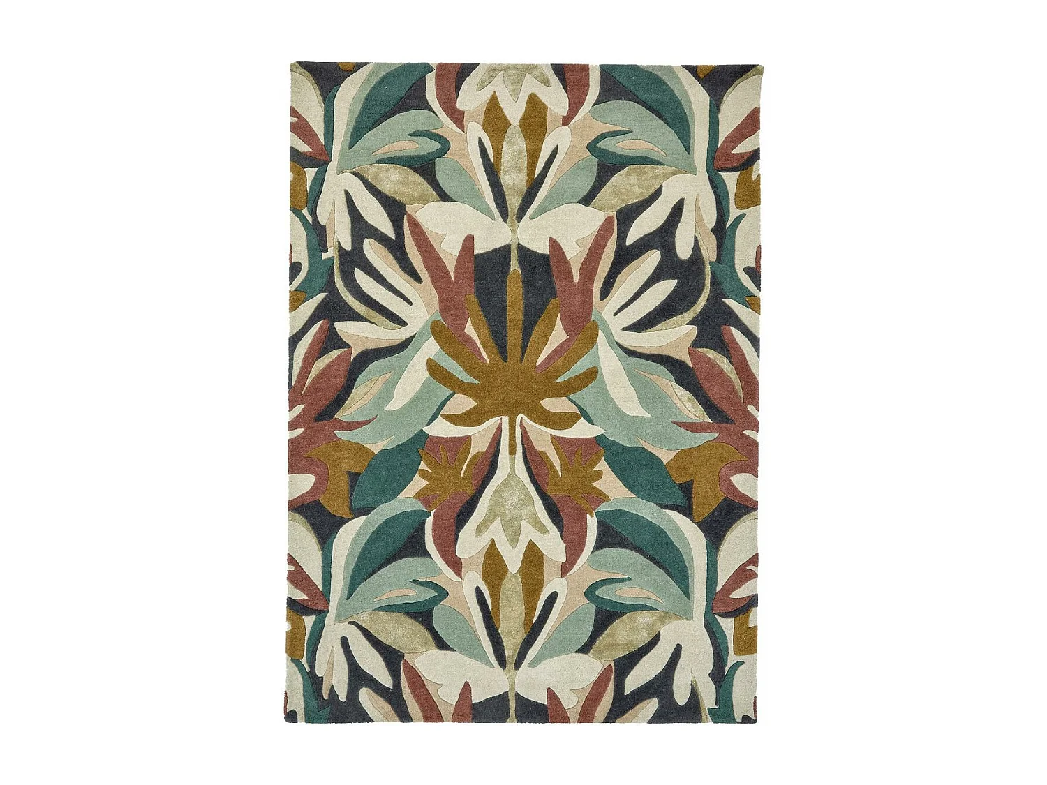 tapis chambre 170x240 fait à la main en laine vert et beige motif floral