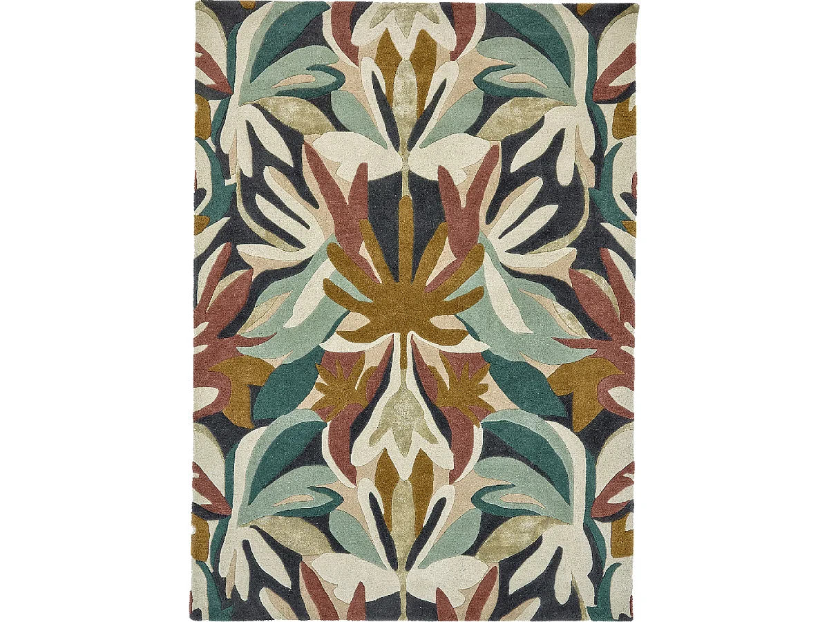 tapis chambre 170x240 fait à la main en laine vert et beige motif floral