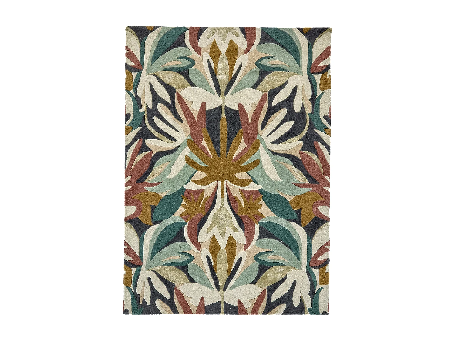 tapis chambre 170x240 fait à la main en laine vert et beige motif floral