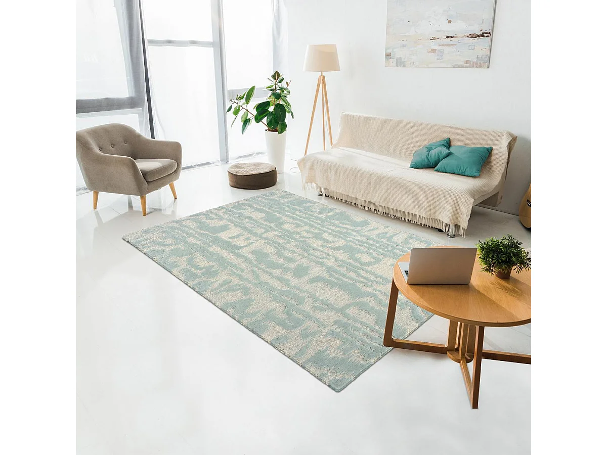 tapis chambre 170x240 fait à la main en laine bleu rectangle motif abstrait