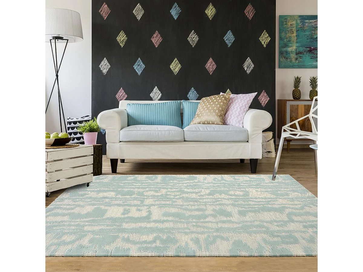 tapis chambre 170x240 fait à la main en laine bleu rectangle motif abstrait