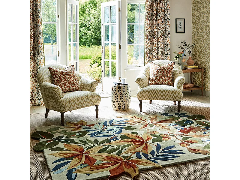 tapis chambre 160x230 fait main en laine orange et beige rectangle motif floral