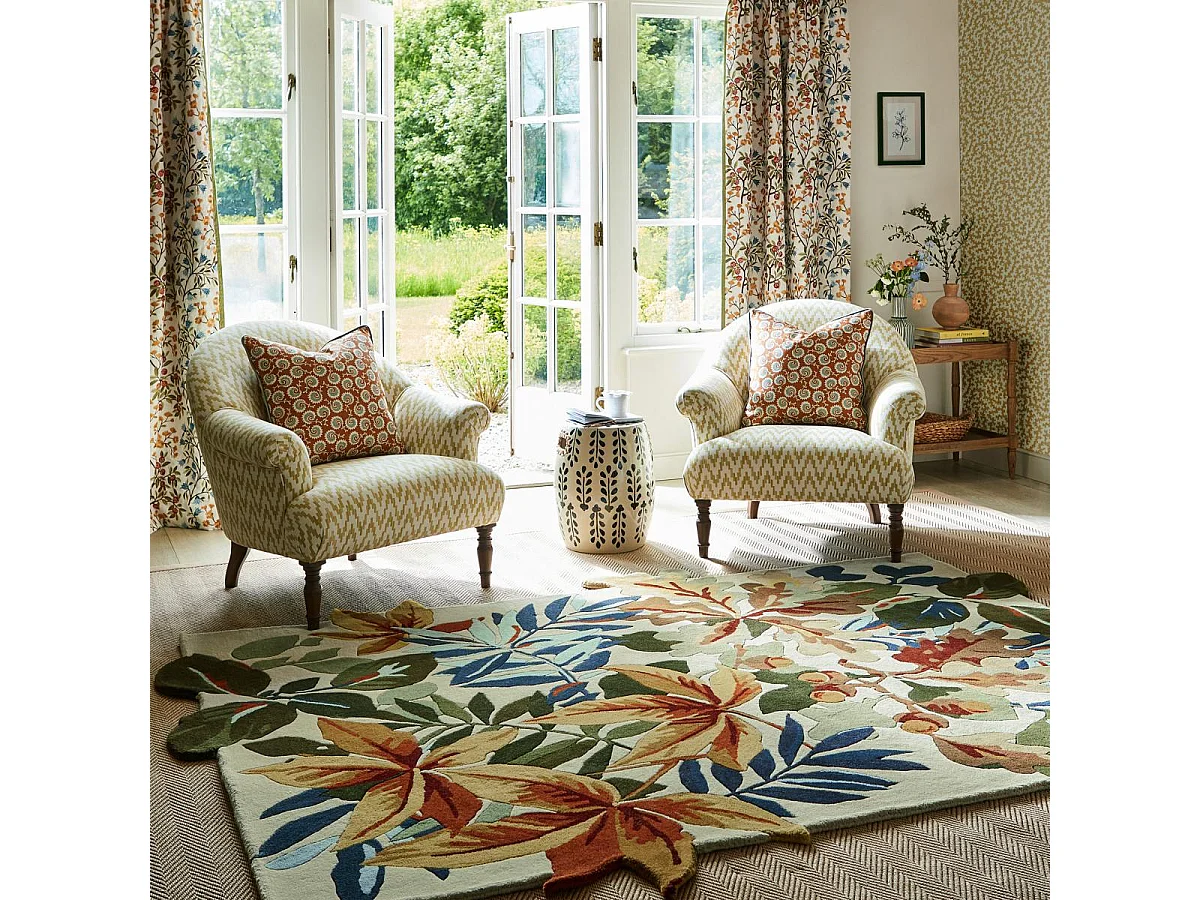 tapis chambre 160x230 fait main en laine orange et beige rectangle motif floral