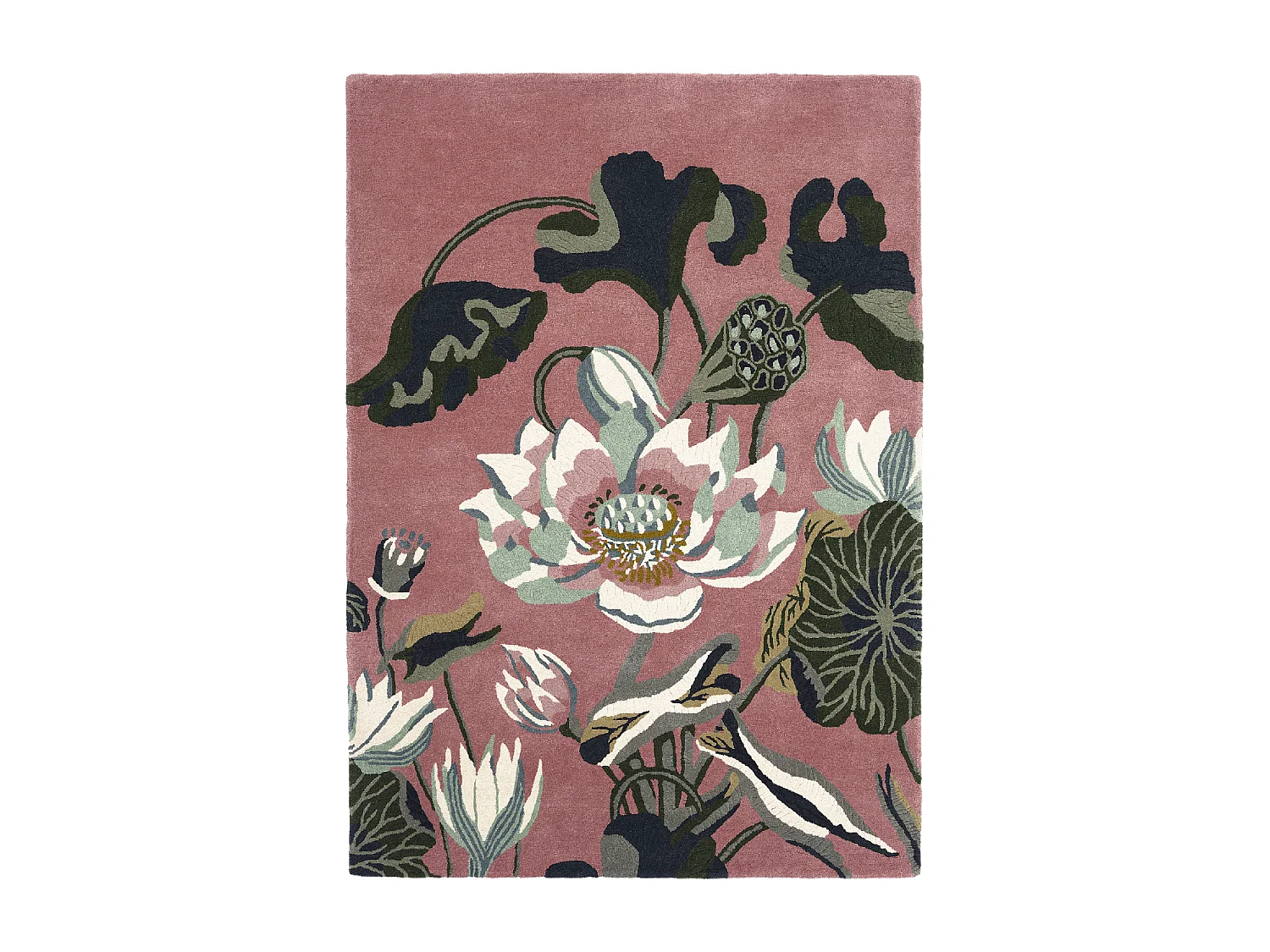 tapis chambre 170x240 fait à la main en laine rose et vert motif floral