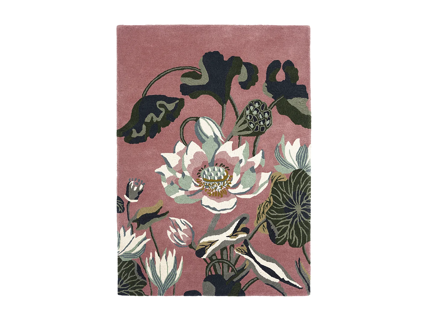 tapis chambre 170x240 fait à la main en laine rose et vert motif floral