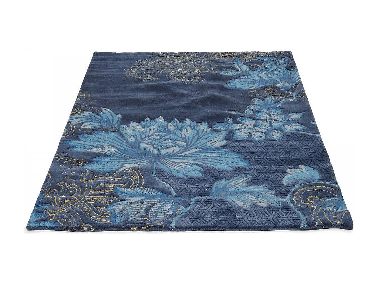 tapis salon 200x280 fait à la main en laine bleu marine et bleu motif floral