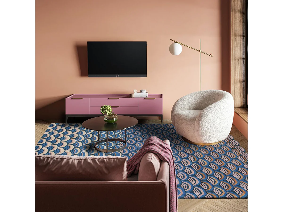 tapis chambre 170x240 fait à la main en laine bleu et rose motif géométrique