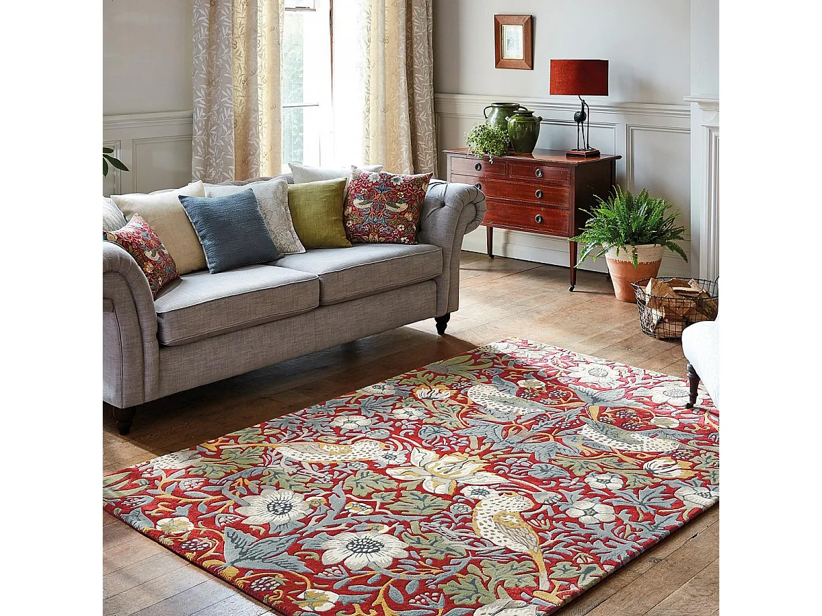 tapis entrée 140x200 fait à la main en laine rouge et bleu motif floral