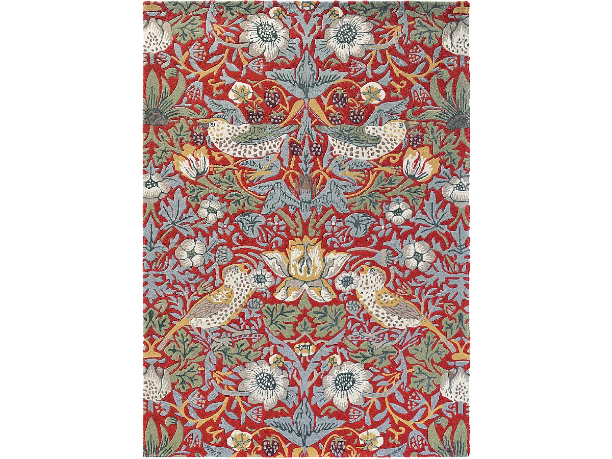 tapis entrée 140x200 fait à la main en laine rouge et bleu motif floral