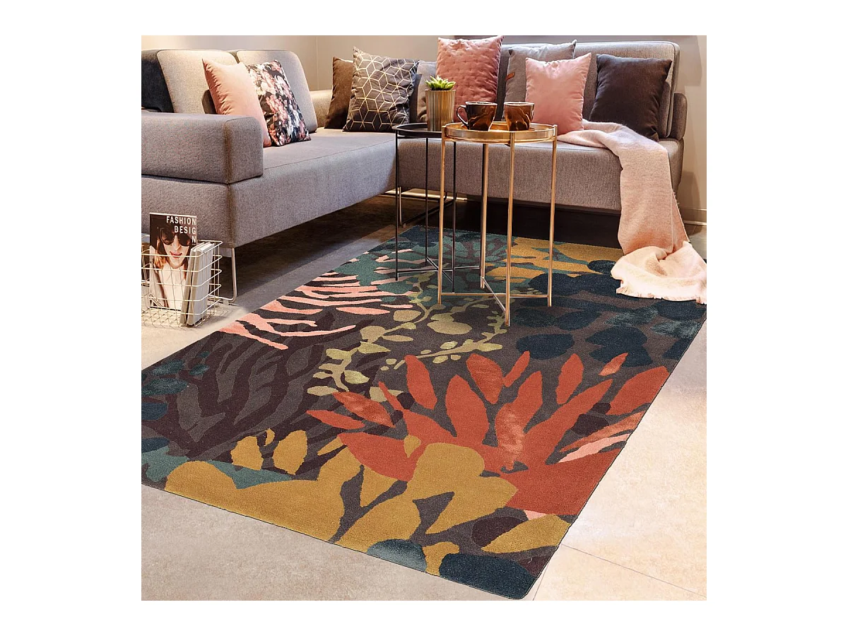 tapis salon 200x280 tissé en laine noir et orange rectangle motif floral