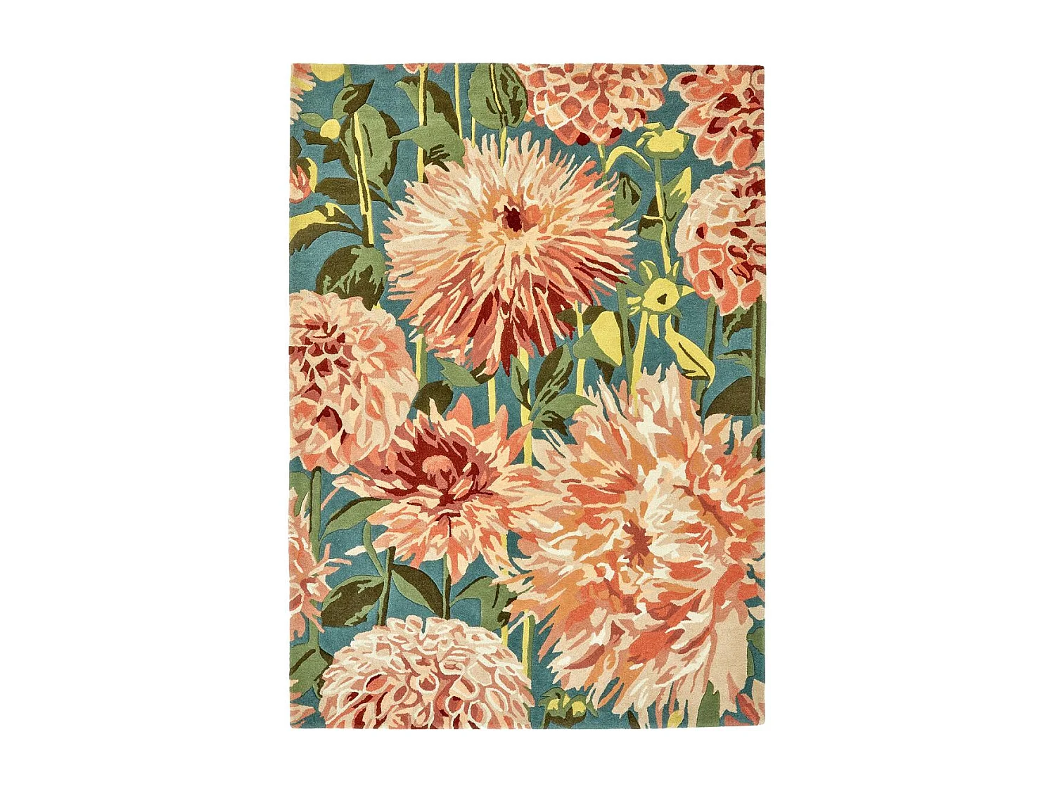 tapis grand salon 250x350 fait à la main en laine vert et orange motif floral