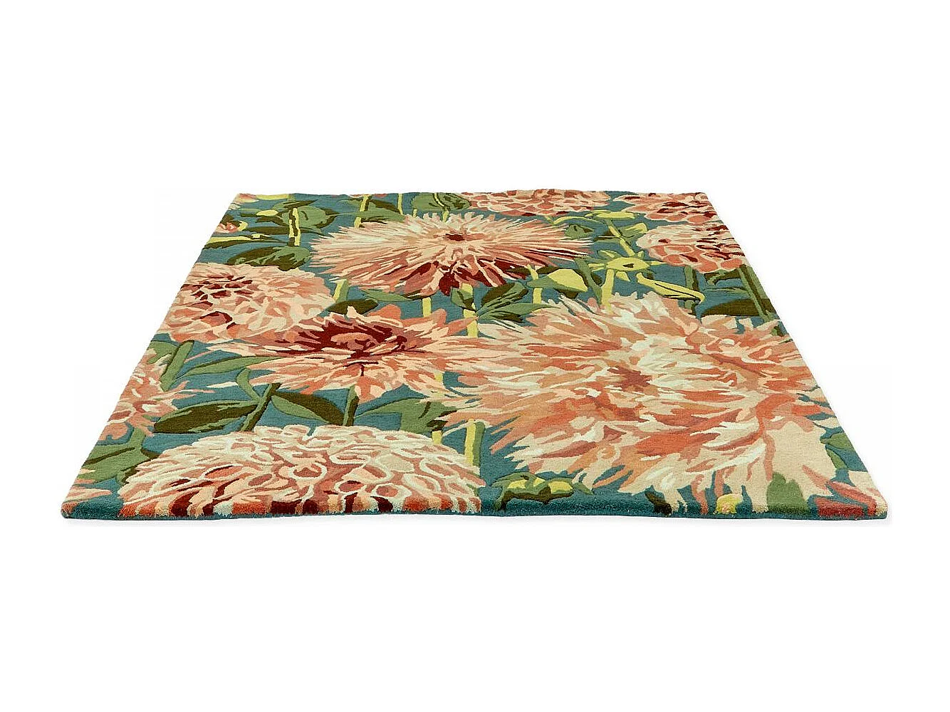 tapis grand salon 250x350 fait à la main en laine vert et orange motif floral