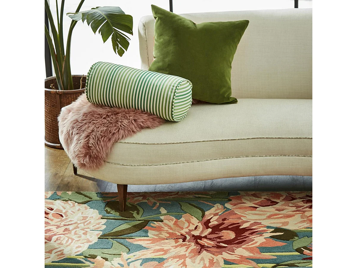 tapis grand salon 250x350 fait à la main en laine vert et orange motif floral