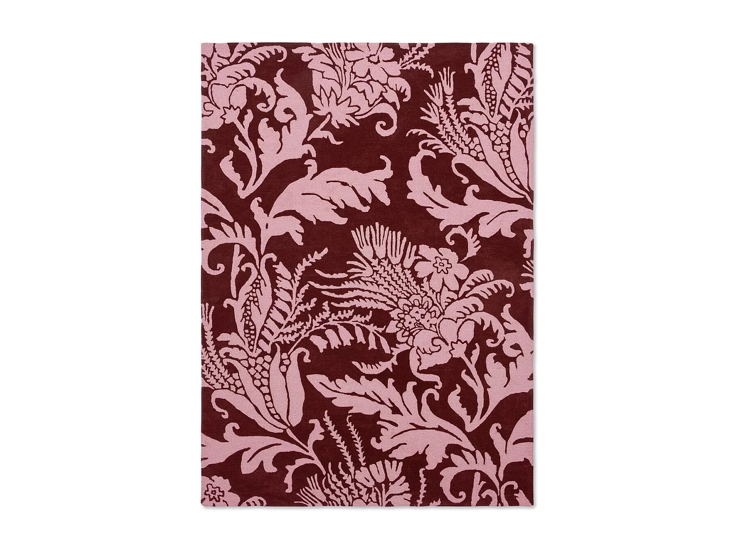 tapis chambre 170x240 fait à la main en laine bordeaux et rose motif floral