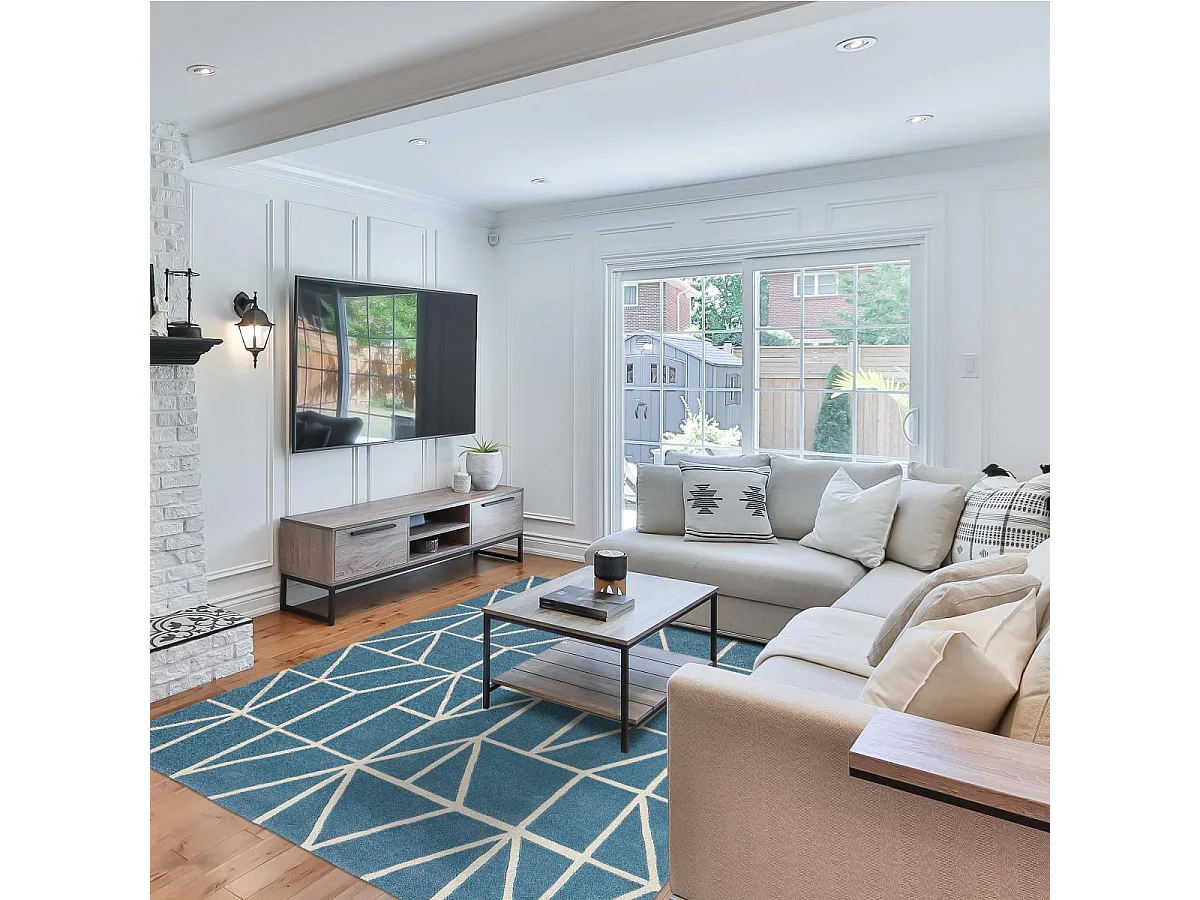 tapis salon 200x280 fait à la main en laine bleu rectangle motif abstrait VISO