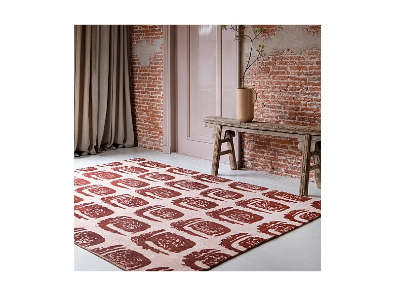 tapis entrée 140x200 fait à la main en coton rouge rectangle motif abstrait