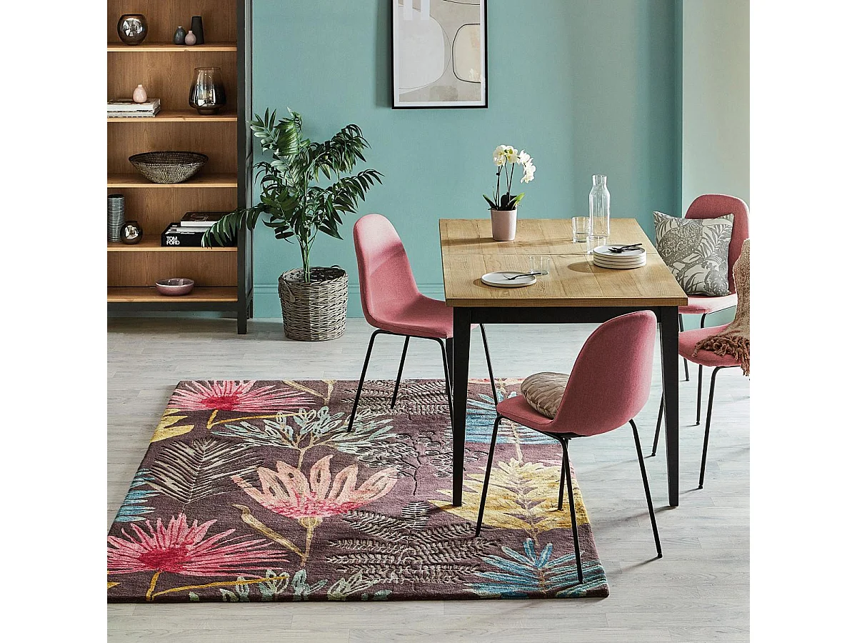 tapis entrée 140x200 fait à la main en laine marron et jaune motif floral