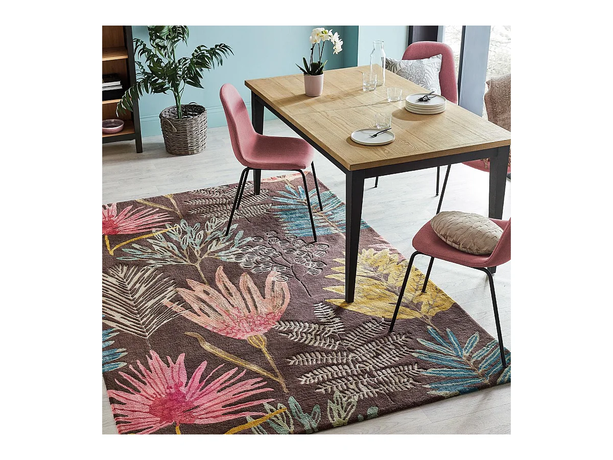 tapis entrée 140x200 fait à la main en laine marron et jaune motif floral