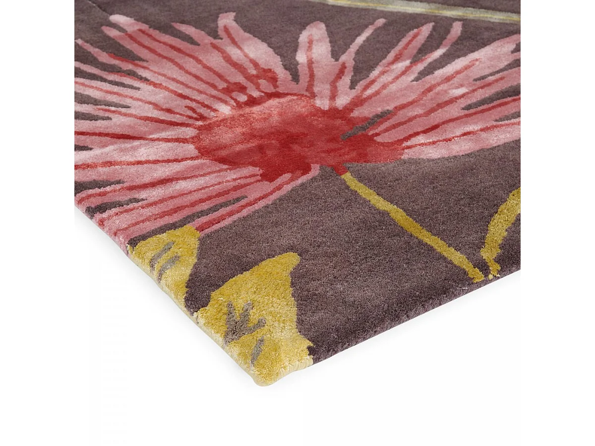 tapis entrée 140x200 fait à la main en laine marron et jaune motif floral