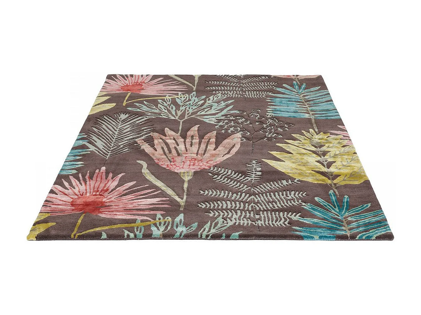 tapis entrée 140x200 fait à la main en laine marron et jaune motif floral