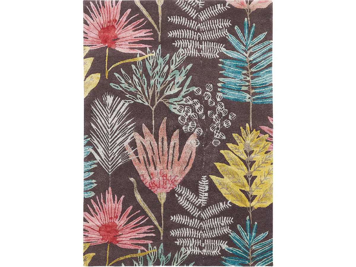 tapis entrée 140x200 fait à la main en laine marron et jaune motif floral