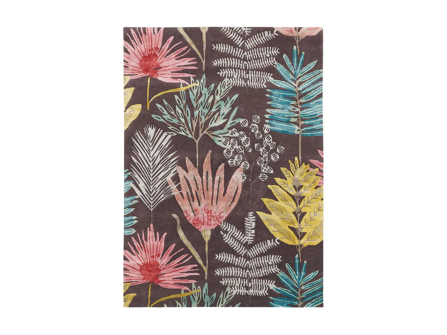 tapis entrée 140x200 fait à la main en laine marron et jaune motif floral