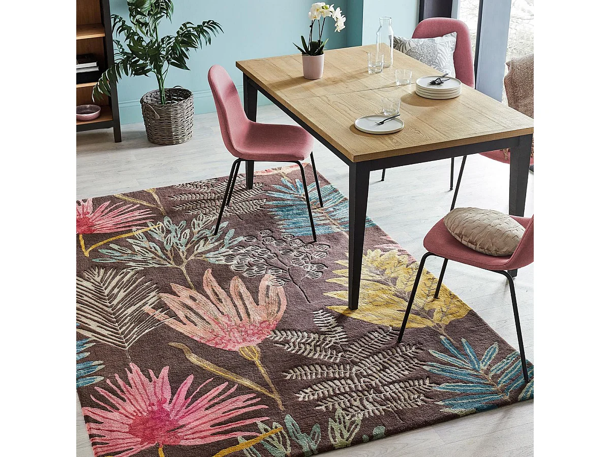 tapis entrée 140x200 fait à la main en laine marron et jaune motif floral