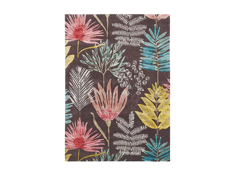 tapis entrée 140x200 fait à la main en laine marron et jaune motif floral