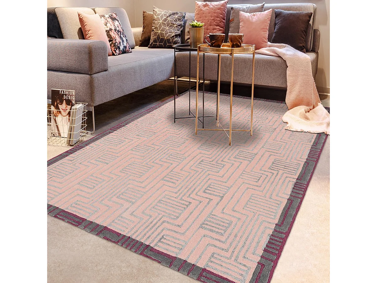 tapis salon 200x280 fait à la main en laine rose rectangle motif géométrique