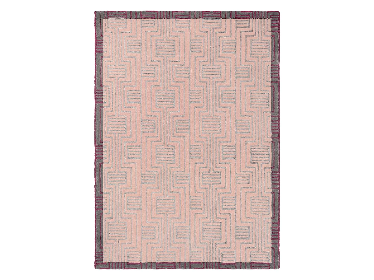 tapis salon 200x280 fait à la main en laine rose rectangle motif géométrique