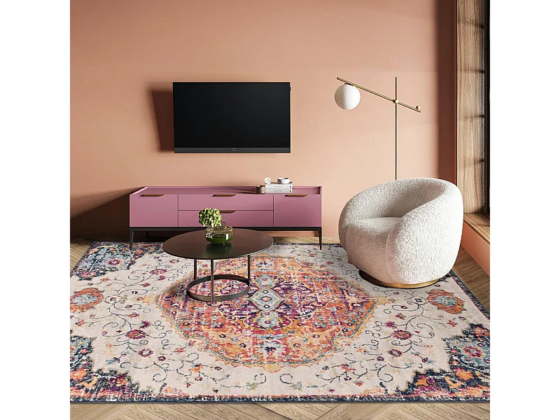 Tapis Vintage Oriental 200x280 cm - LYN3 MED - Couleur : multicolore rouge beige bleu