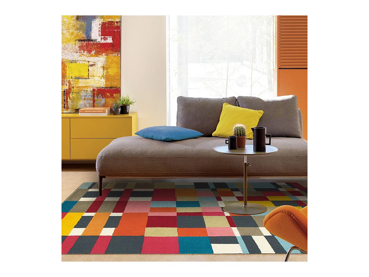 tapis entrée 140x200 tissé en laine rouge et jaune rectangle motif géométrique