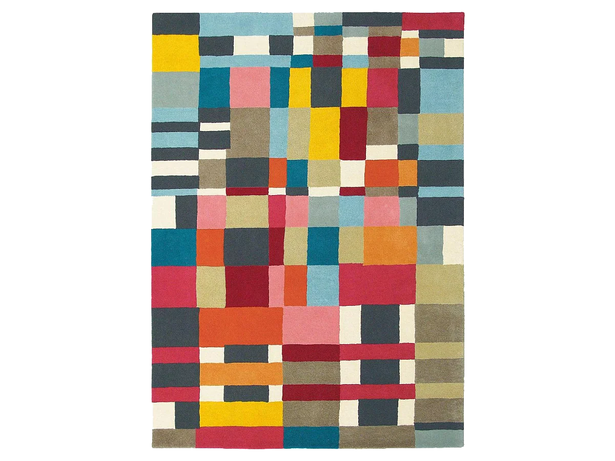 tappeto da ingresso 140x200 tessuto in lana rossa e gialla con motivo geometrico rettangolare