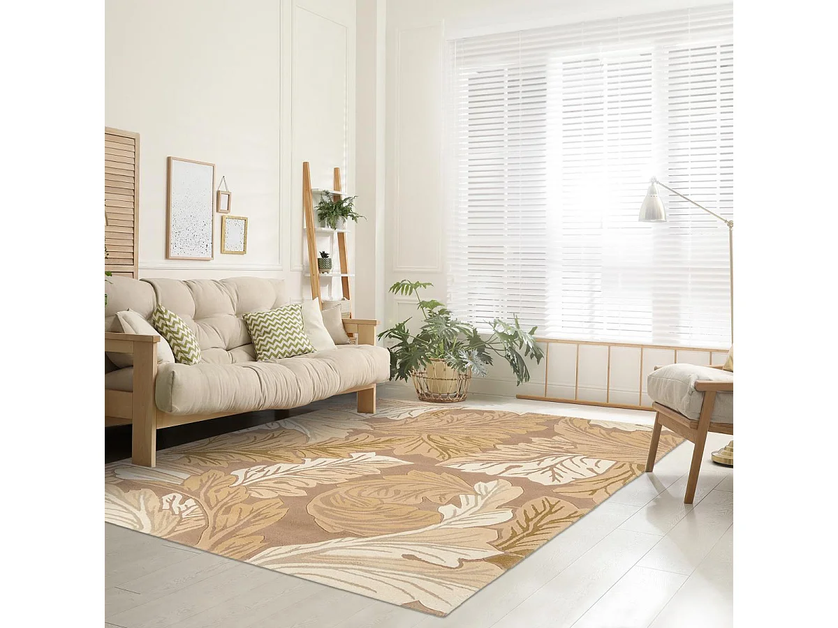 tapis salon 170x240 fait main en laine beige et crème rectangle motif floral