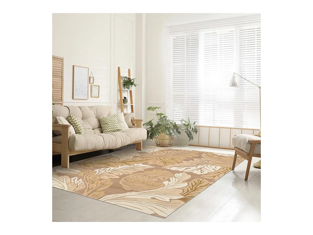 tapis salon 170x240 fait main en laine beige et crème rectangle motif floral