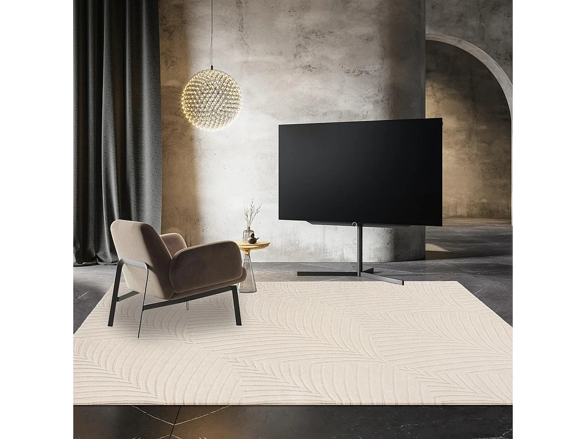 tapis bibliothèque 250x350 fait à la main en laine crème rectangle motif faux uni