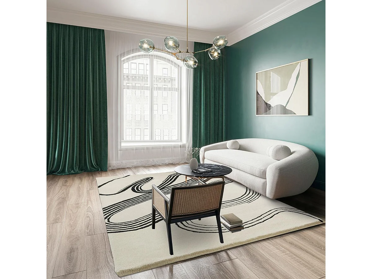 tapis grand salon 250x350 fait main en laine crème et noir motif géométrique