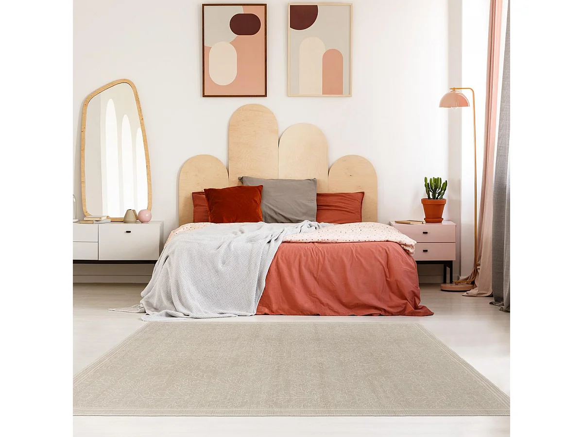 tapis chambre 140x200 fait main en coton beige rectangle motif floral SILEST