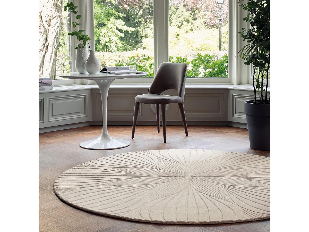 Tapis rond Ø150cm fait à la main en laine motif faux uni pour salon FOLIA