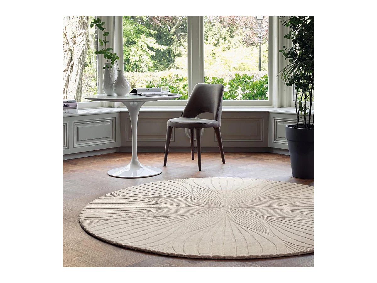 Tapis rond Ø150cm fait à la main en laine motif faux uni pour salon FOLIA