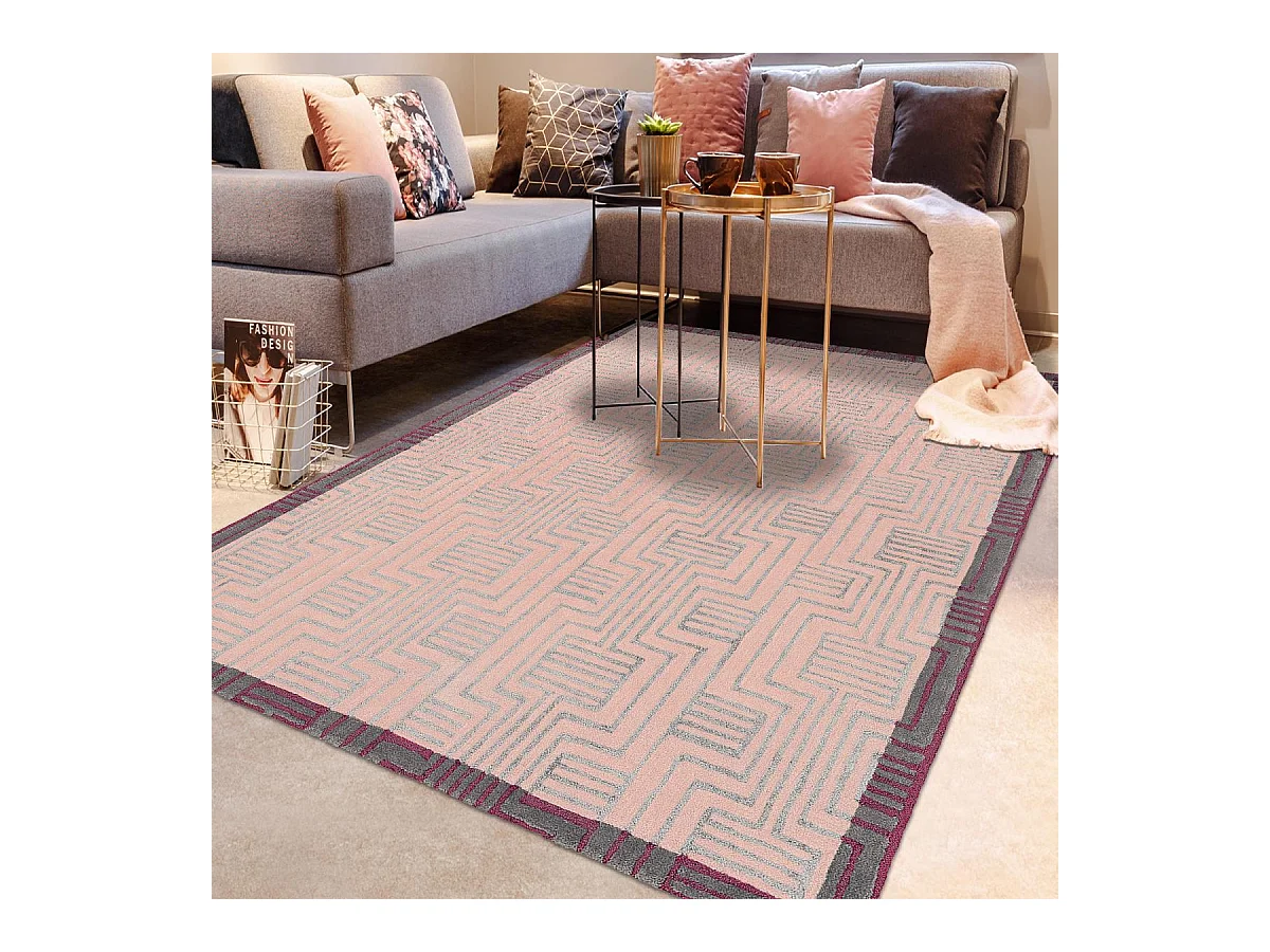 tapis chambre 170x240 fait à la main en laine rose rectangle motif géométrique