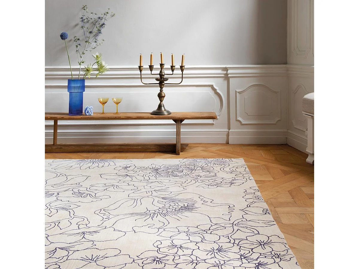 tapis chambre 200x280 fait à la main en coton crème rectangle motif floral LINEAR