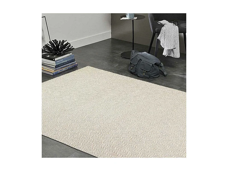 Tapis kilim 200x300 rectangle fait main en laine beige motif géométrique