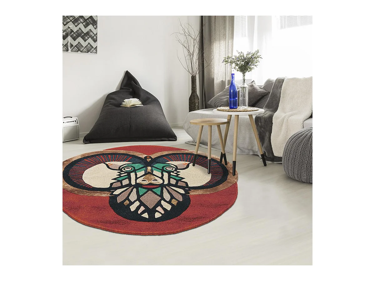 tapis entrée 100x100 fait à la main en laine multicolore motif fresque