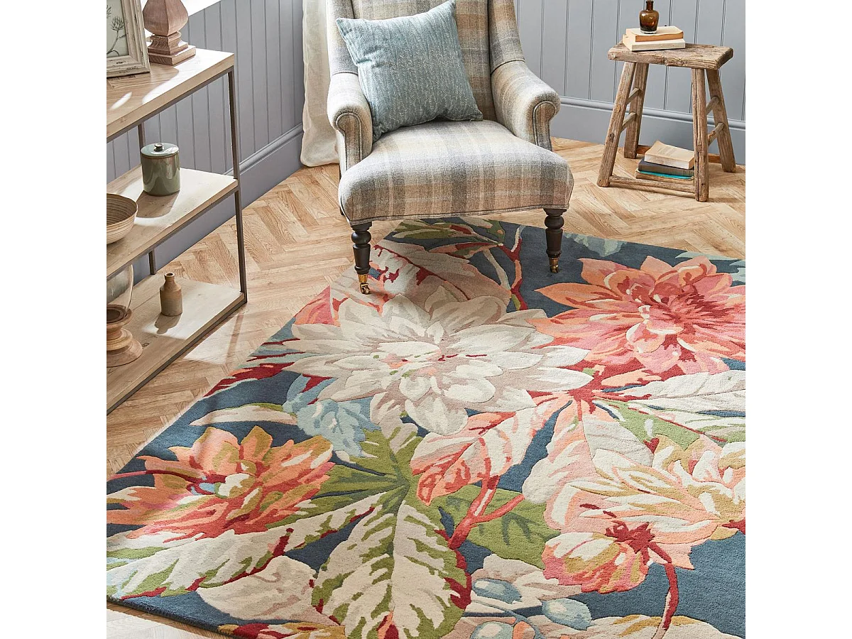 tapis bibliothèque 250x350 fait à la main en laine bleu et orange motif floral