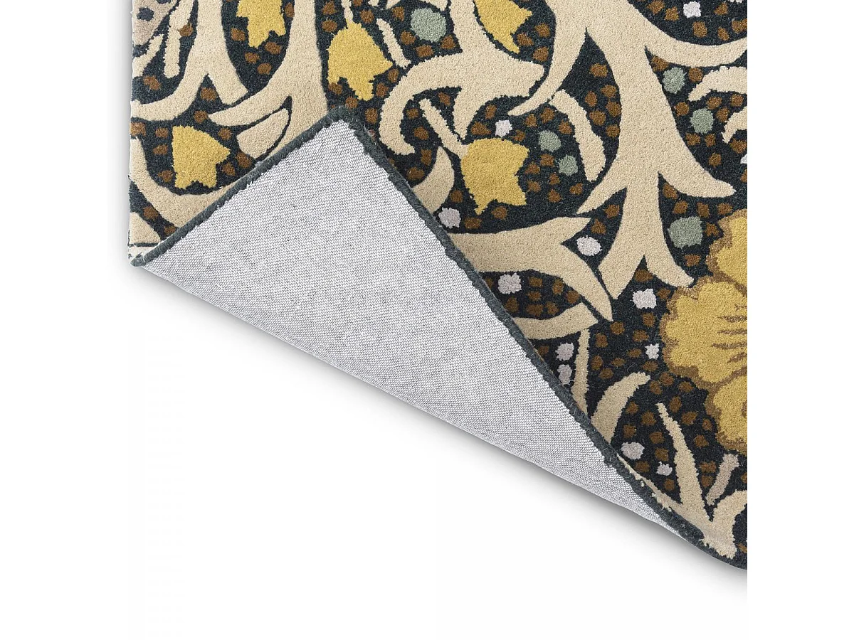 tapis salle à manger 250x350 fait à la main en laine bleu et jaune motif floral