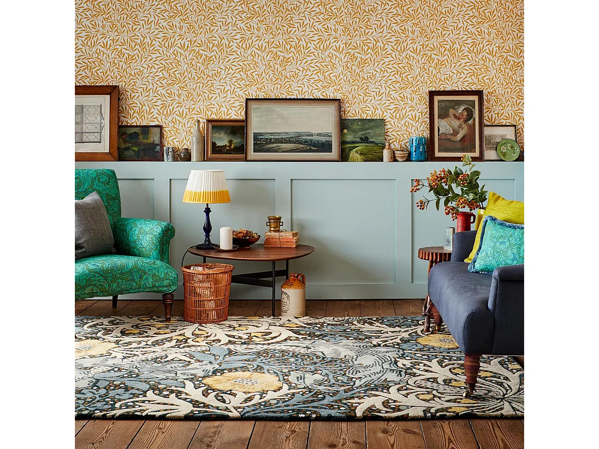 tapis salle à manger 250x350 fait à la main en laine bleu et jaune motif floral