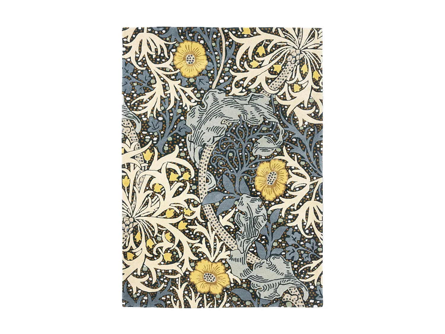 tappeto per sala da pranzo 250x350 realizzato a mano in lana blu e gialla con motivo floreale