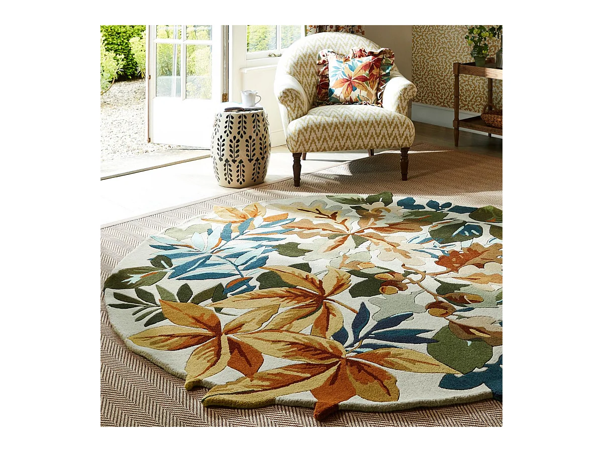 Tapis rond Ø200cm fait main en laine motif floral pour salle à manger ROBINS